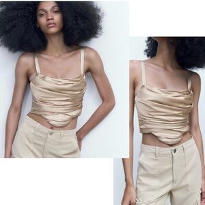 Zara champagne tan cream satin effect ruched draped corset bustier Sz S NWOT